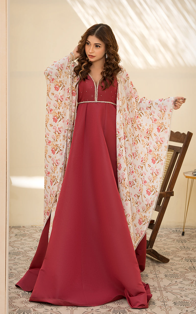 Pakistani Deep Rose Pearl Embellished Maxi Dress (2-Piece) - Image 4