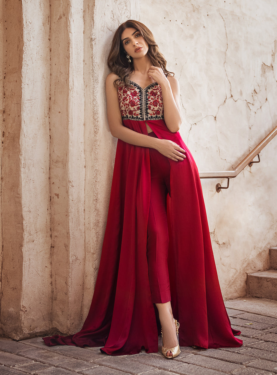 Crimson Embroidered Raw Silk Front-Open Dress (3-Piece) - Image 1