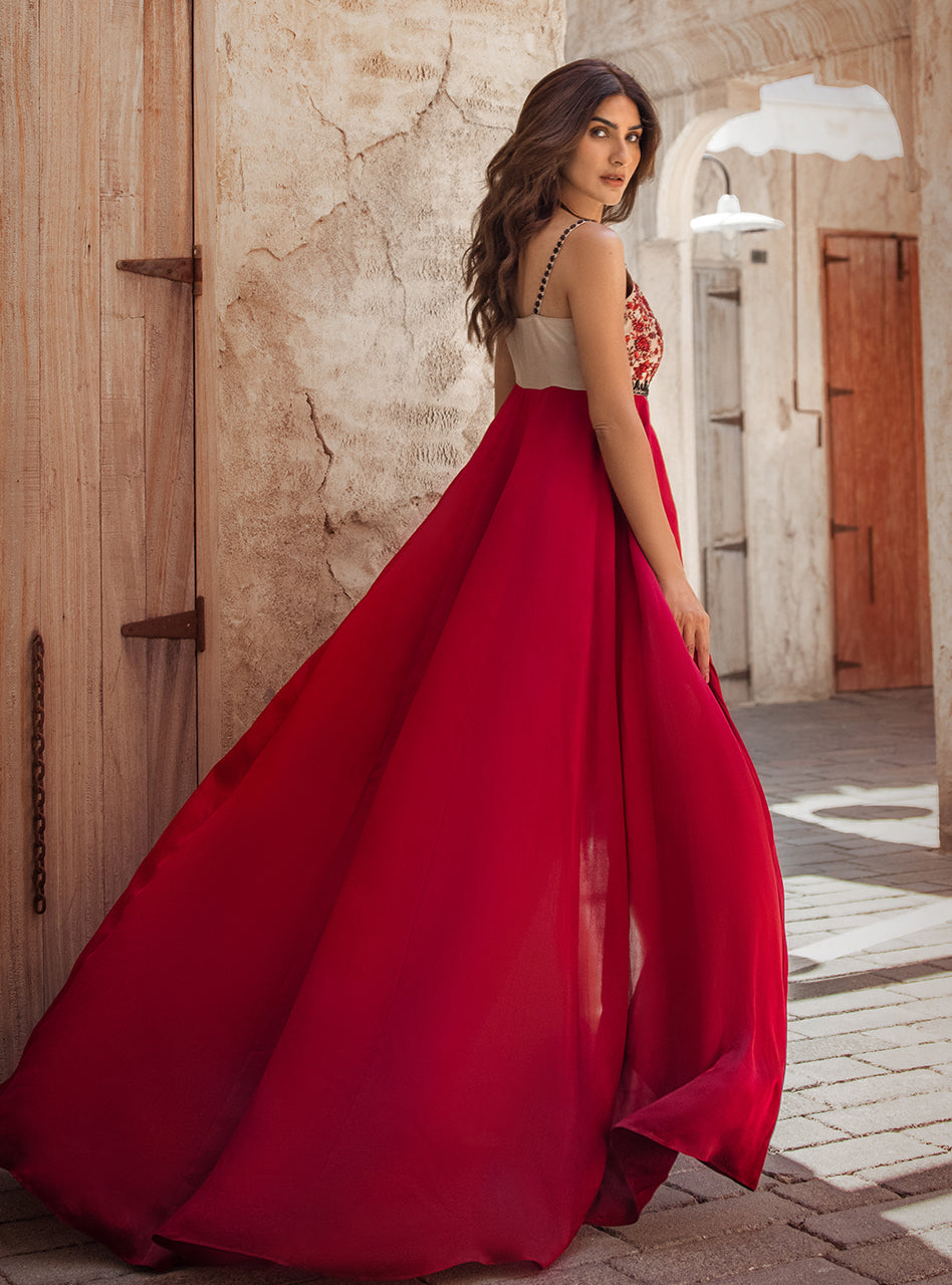 Crimson Embroidered Raw Silk Front-Open Dress (3-Piece) - Image 2