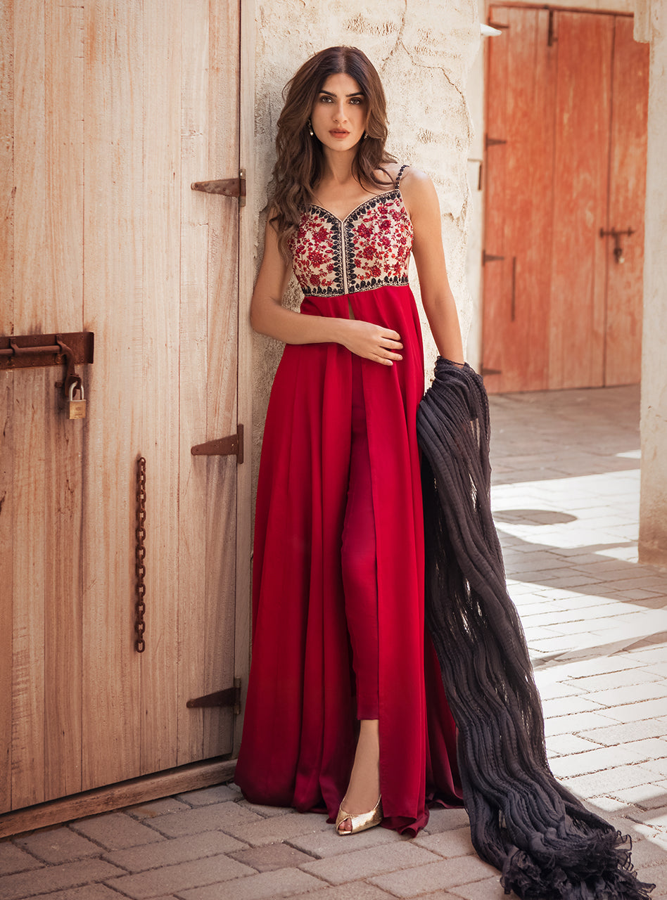 Crimson Embroidered Raw Silk Front-Open Dress (3-Piece) - Image 3