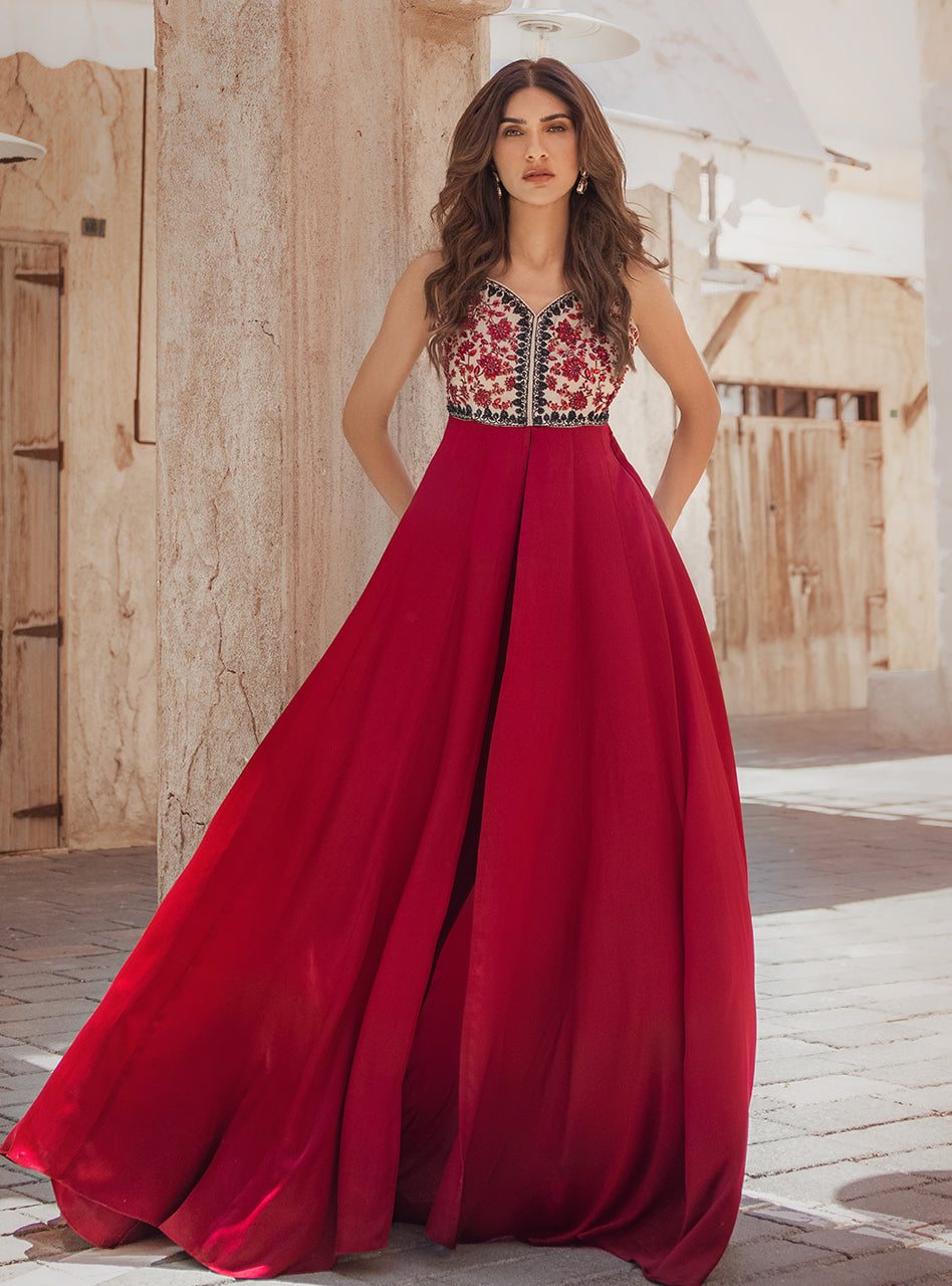 Crimson Embroidered Raw Silk Front-Open Dress (3-Piece) - Image 4