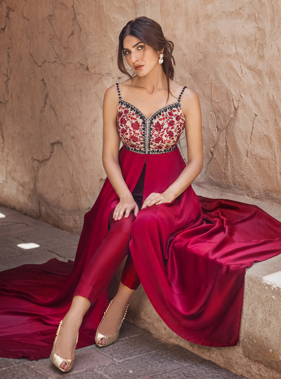 Crimson Embroidered Raw Silk Front-Open Dress (3-Piece) - Image 5