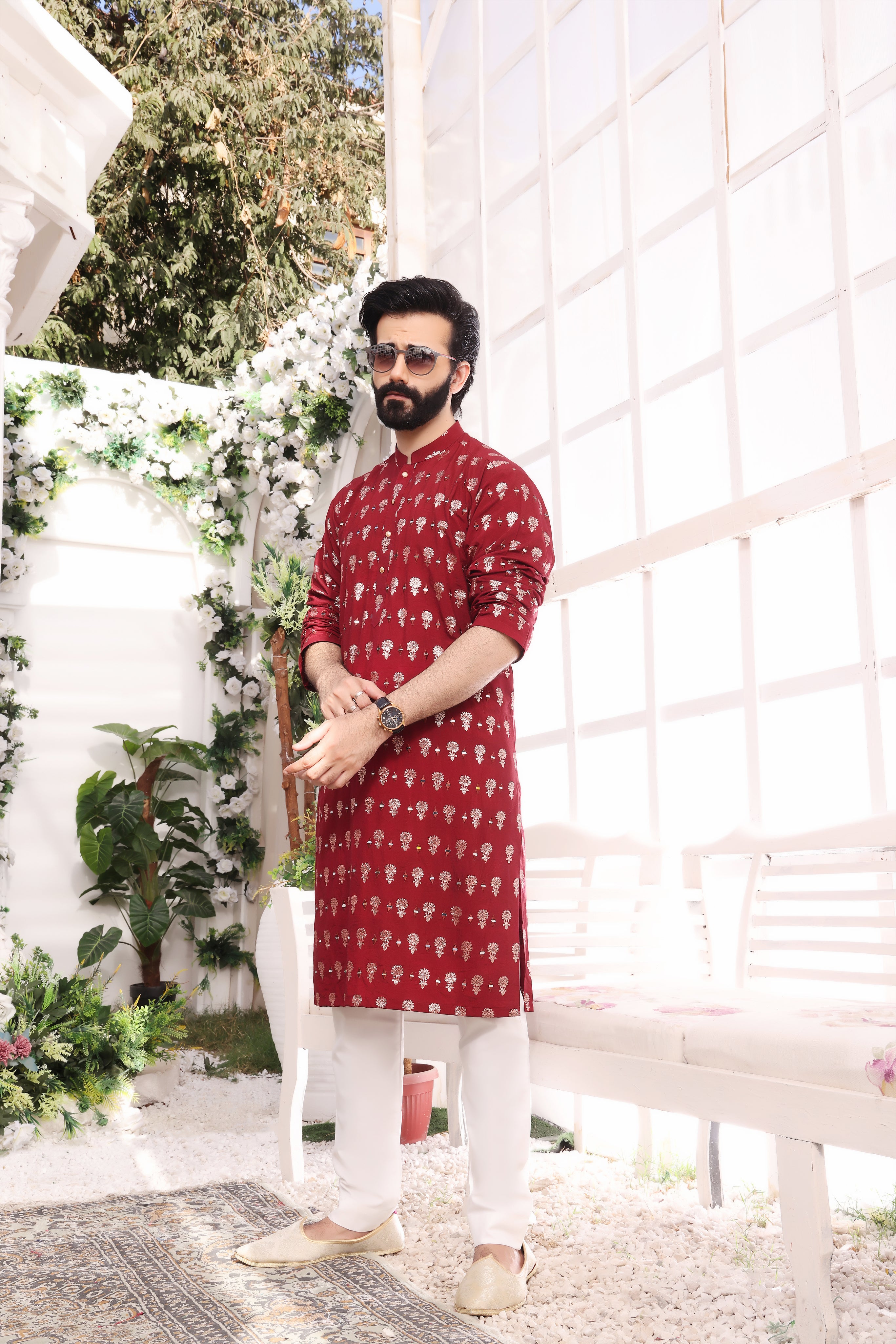 Red Mirror Work Cotton Silk Kurta Pajama (2-Piece) - Image 1