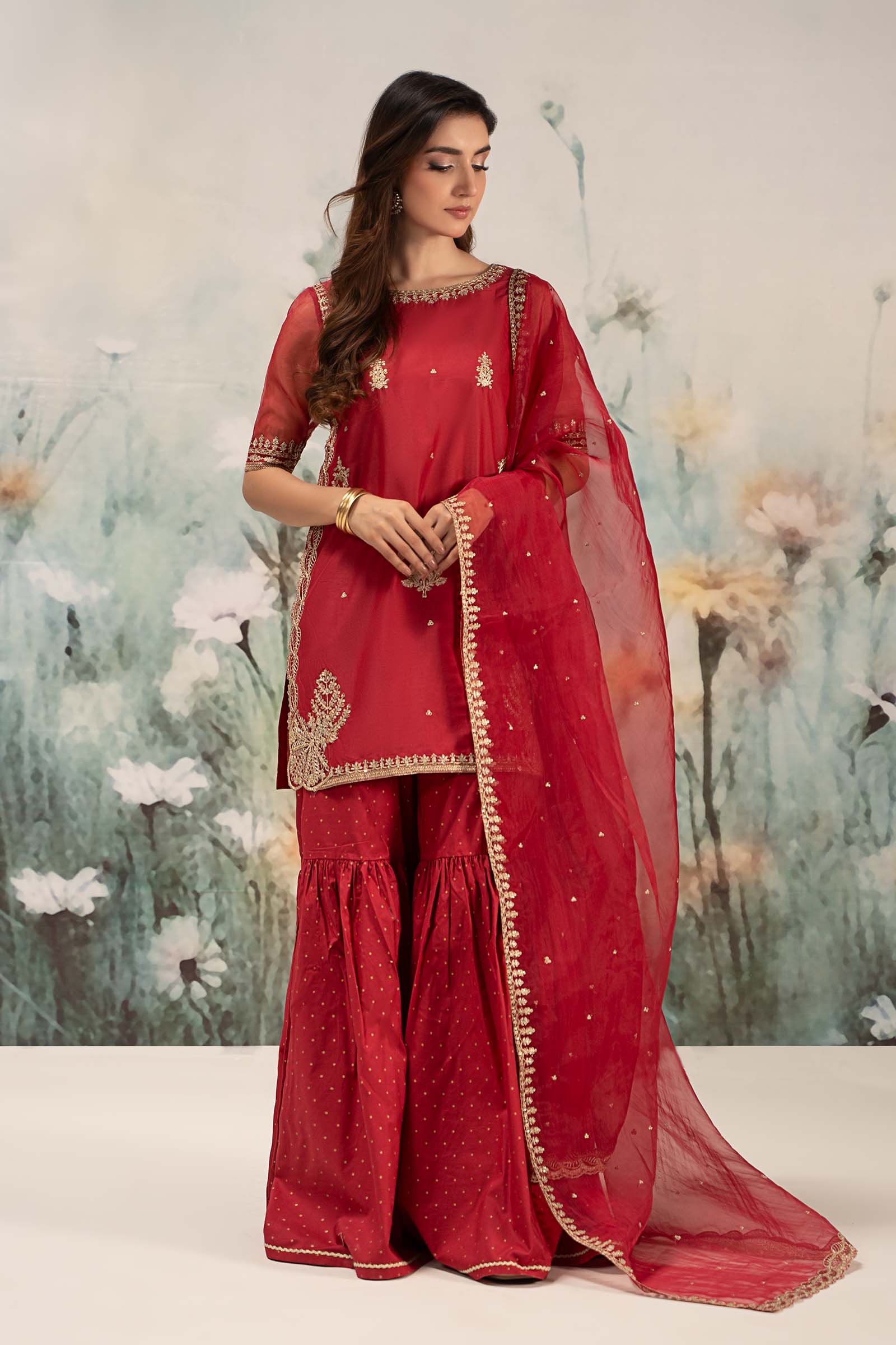 Red Embroidered Lawn & Organza Gharara (3-Piece) - Image 1