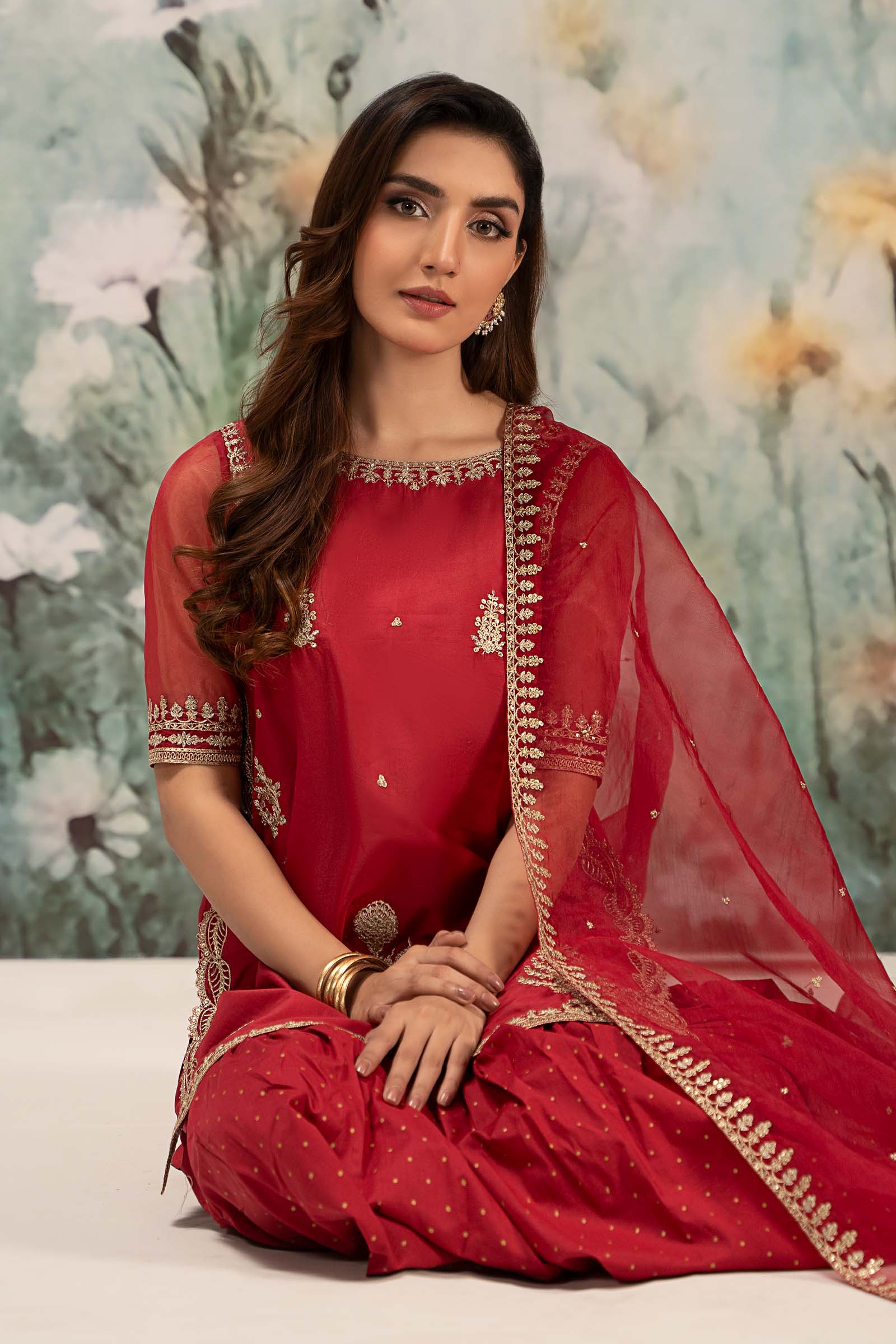 Red Embroidered Lawn & Organza Gharara (3-Piece) - Image 3