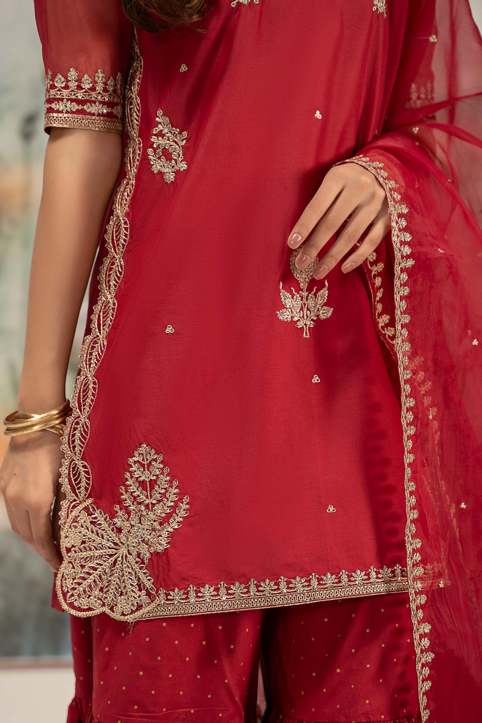 Red Embroidered Lawn & Organza Gharara (3-Piece) - Image 4