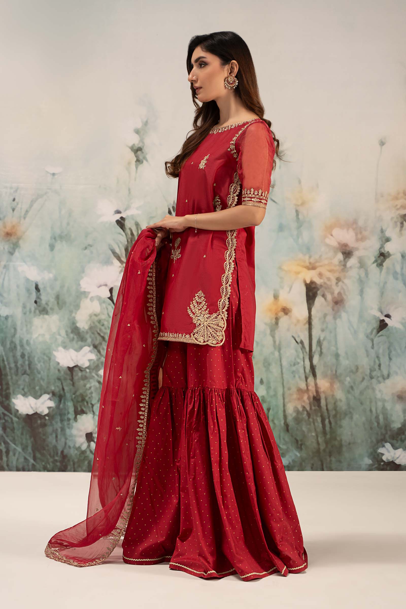 Red Embroidered Lawn & Organza Gharara (3-Piece) - Image 7