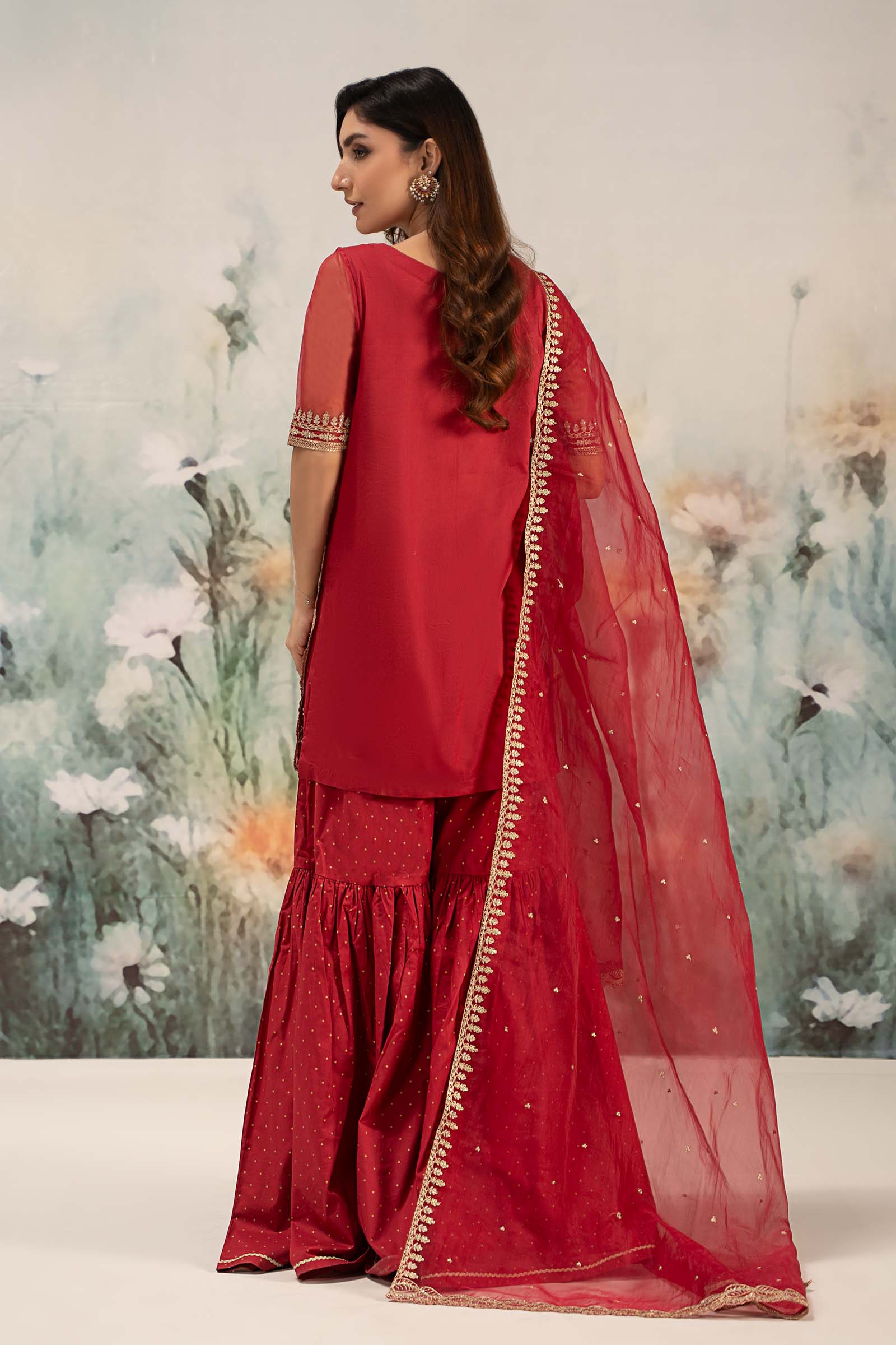 Red Embroidered Lawn & Organza Gharara (3-Piece) - Image 8