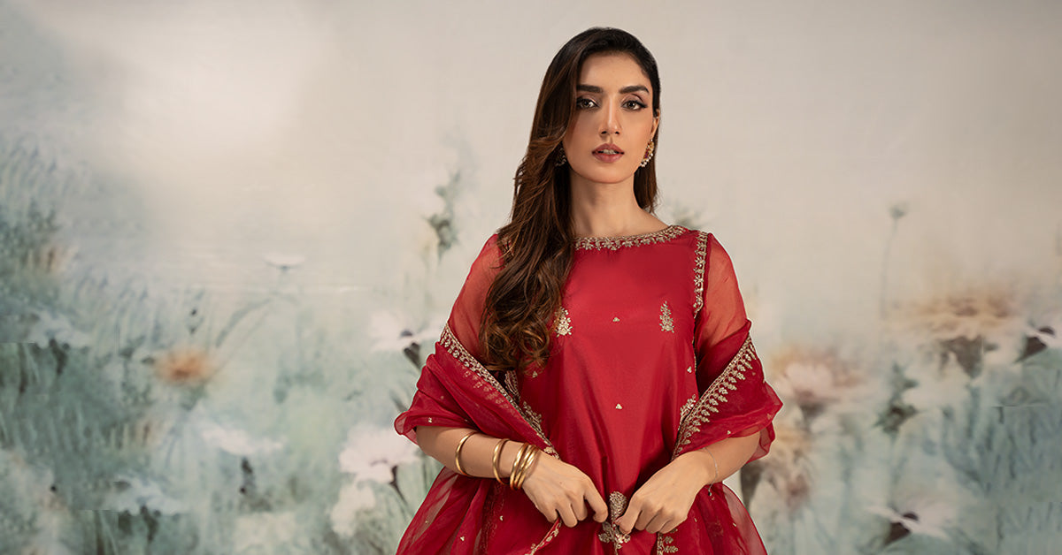 Red Embroidered Lawn & Organza Gharara (3-Piece) - Image 9