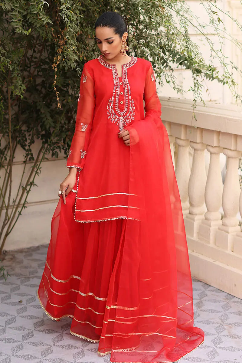 Red Embroidered Organza Gharara Set (3-Piece) - Image 1