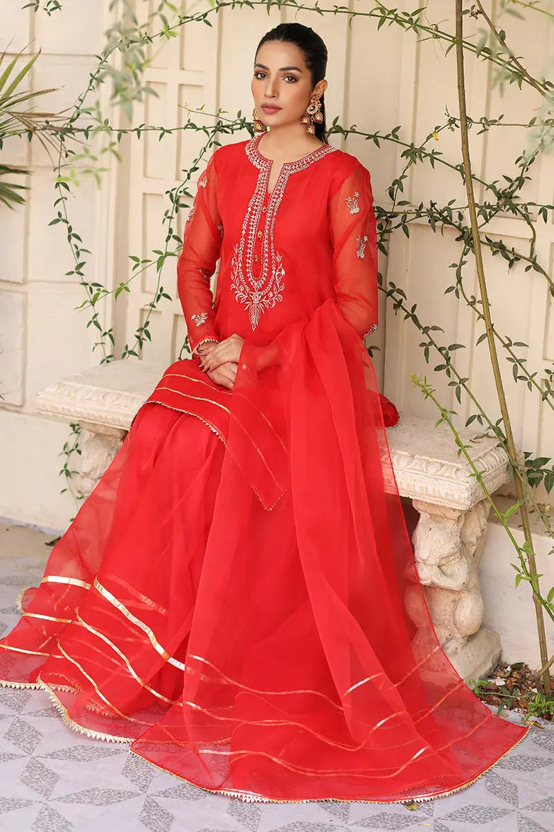 Red Embroidered Organza Gharara Set (3-Piece) - Image 2