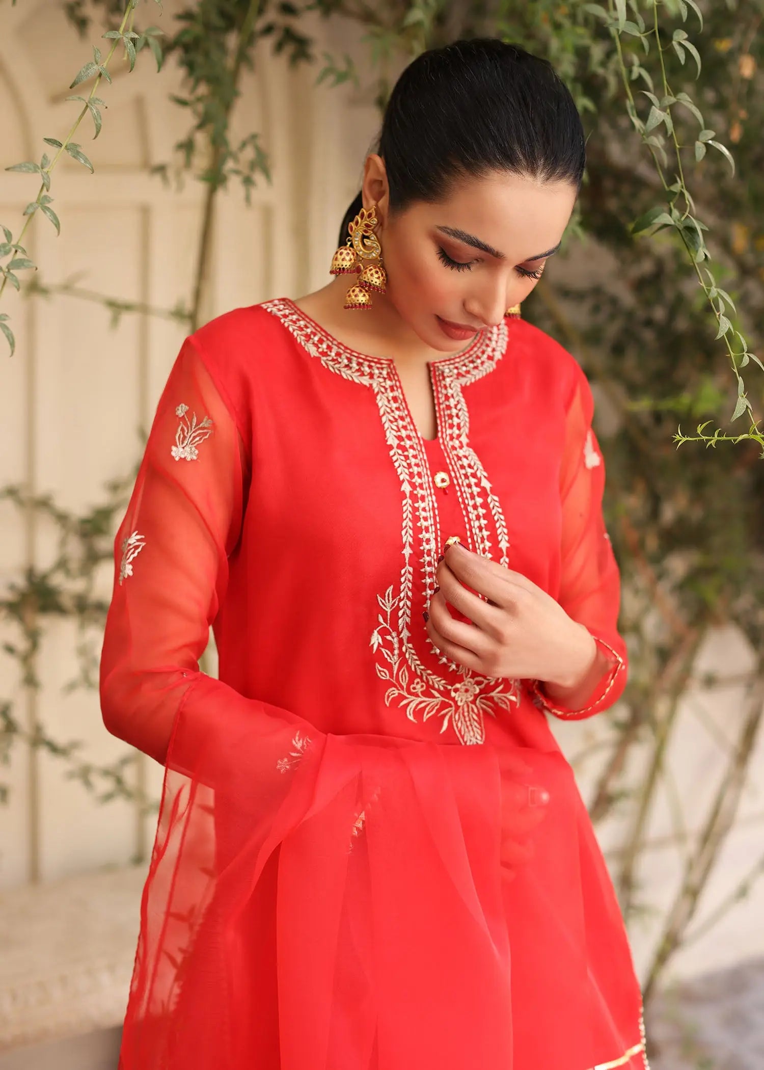 Red Embroidered Organza Gharara Set (3-Piece) - Image 3