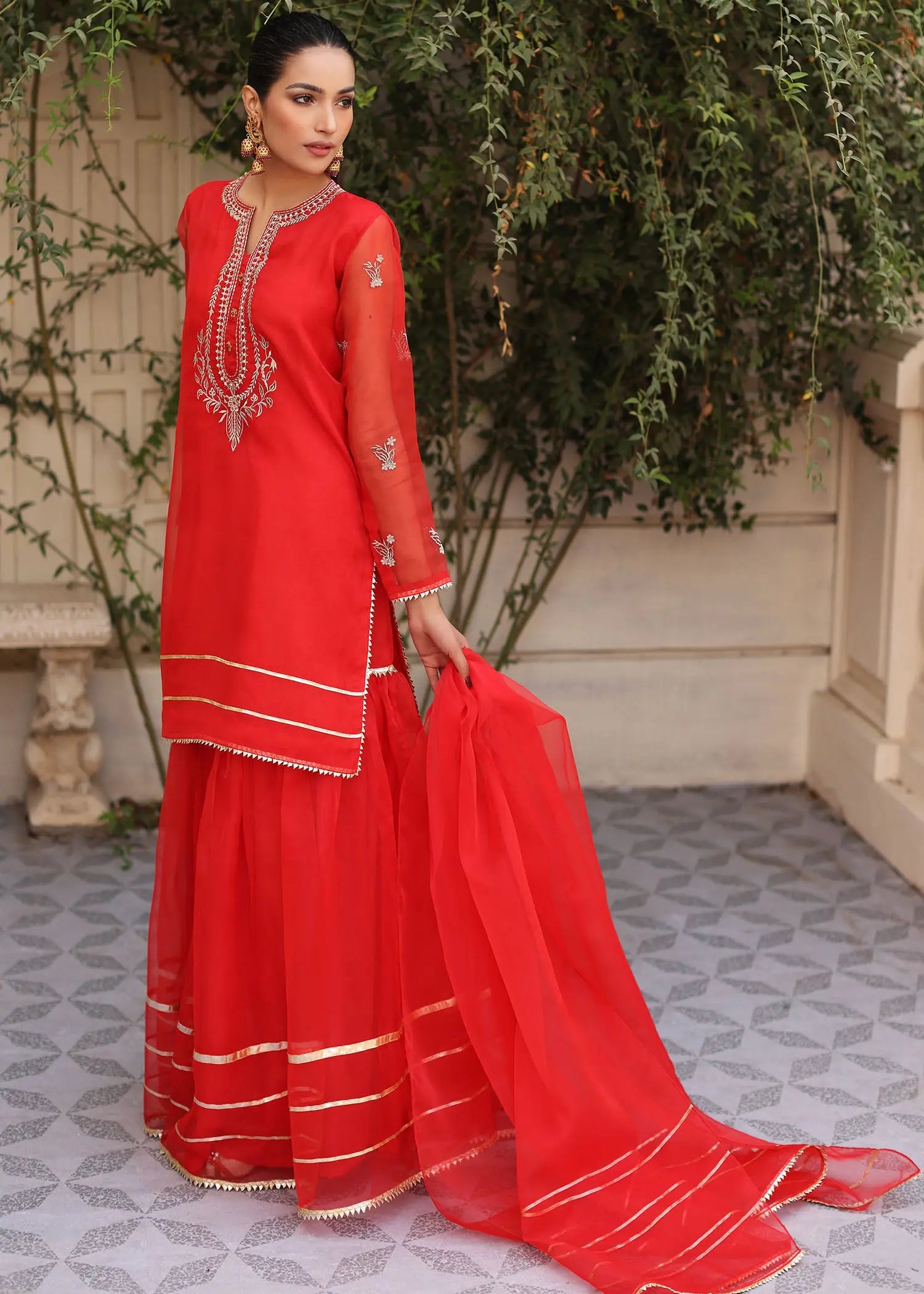 Red Embroidered Organza Gharara Set (3-Piece) - Image 5