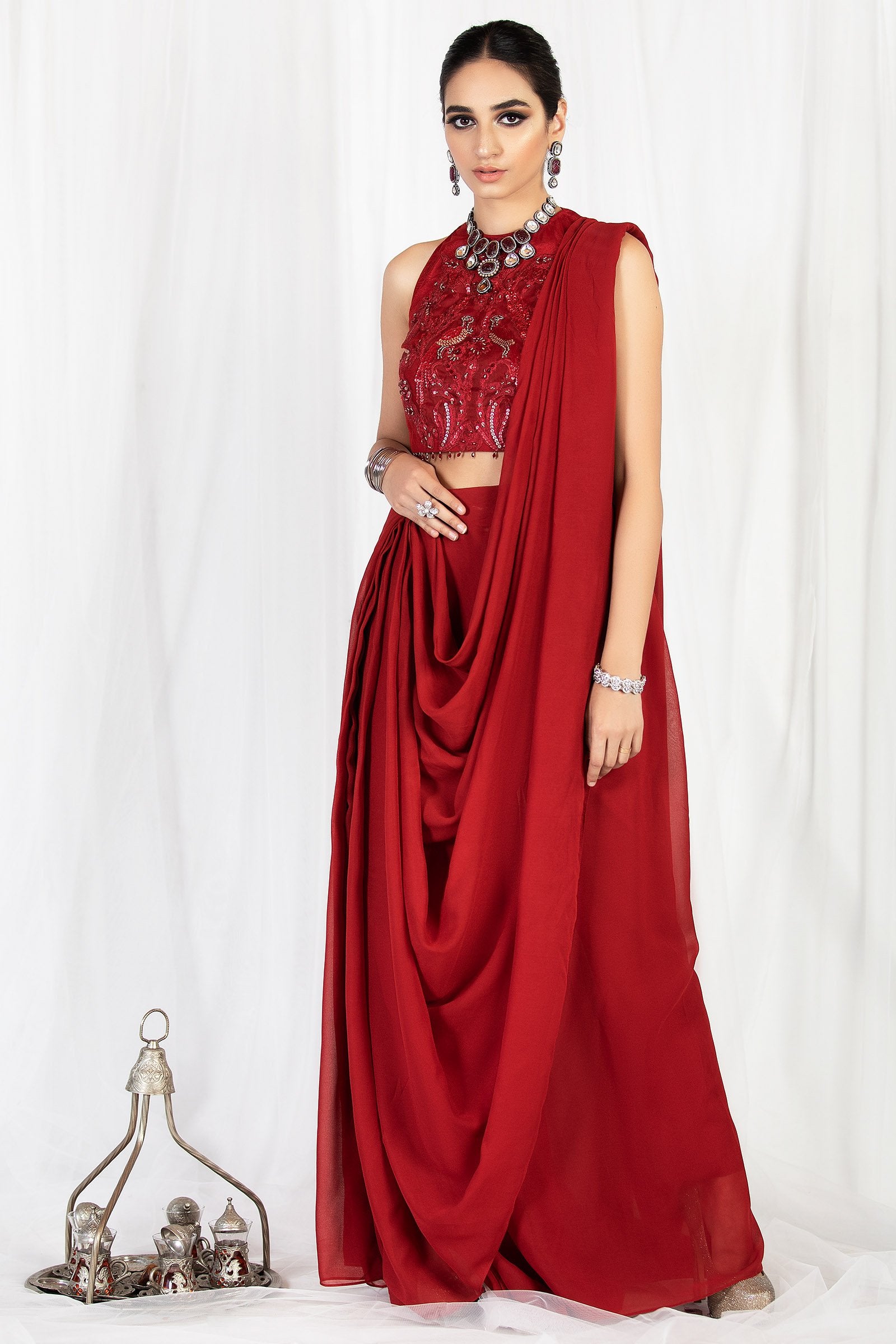 Pakistani Red Embroidered Net & Georgette Saree Gown (1-Pc) - Image 1