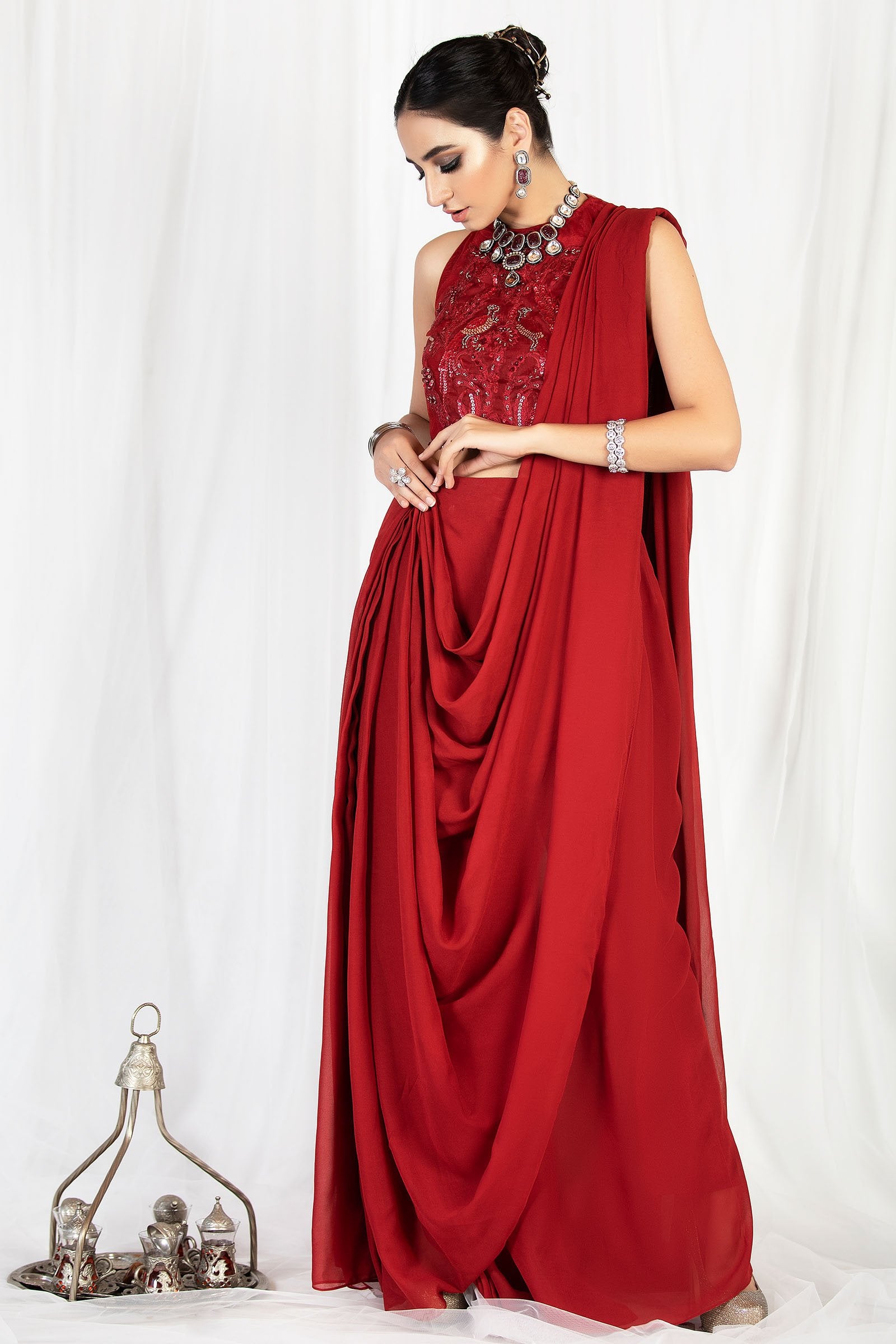 Pakistani Red Embroidered Net & Georgette Saree Gown (1-Pc) - Image 2