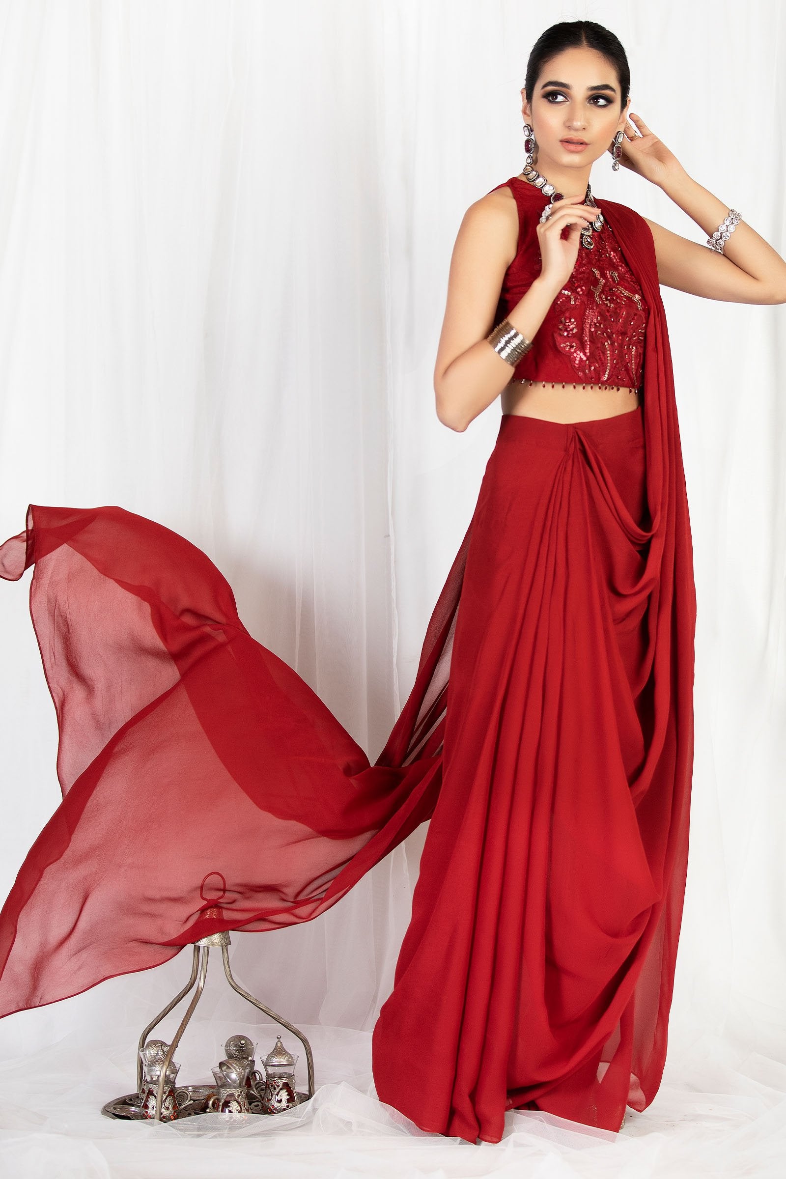 Pakistani Red Embroidered Net & Georgette Saree Gown (1-Pc) - Image 3