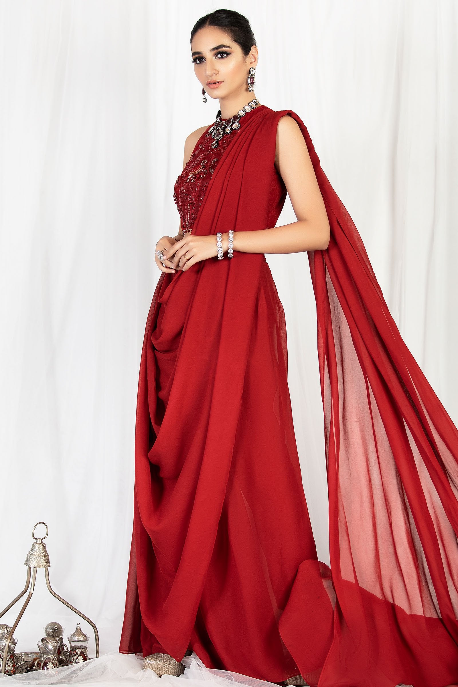 Pakistani Red Embroidered Net & Georgette Saree Gown (1-Pc) - Image 4