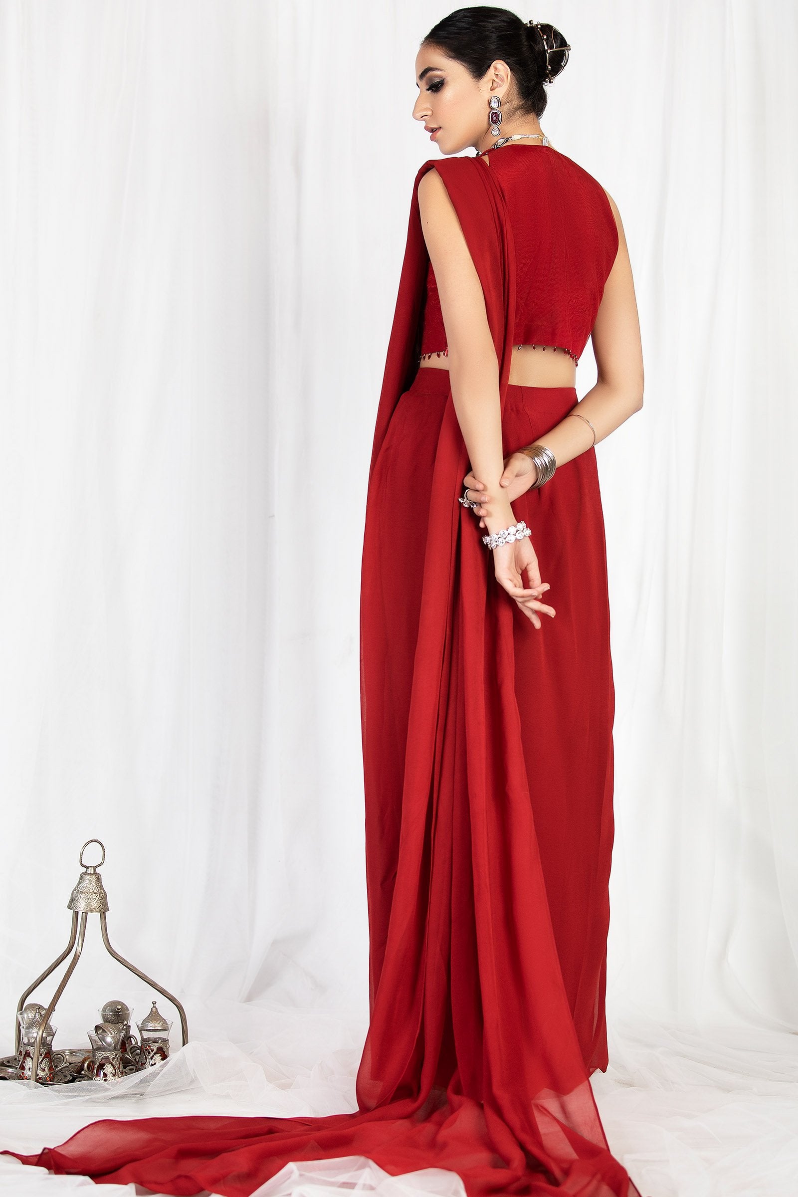 Pakistani Red Embroidered Net & Georgette Saree Gown (1-Pc) - Image 5