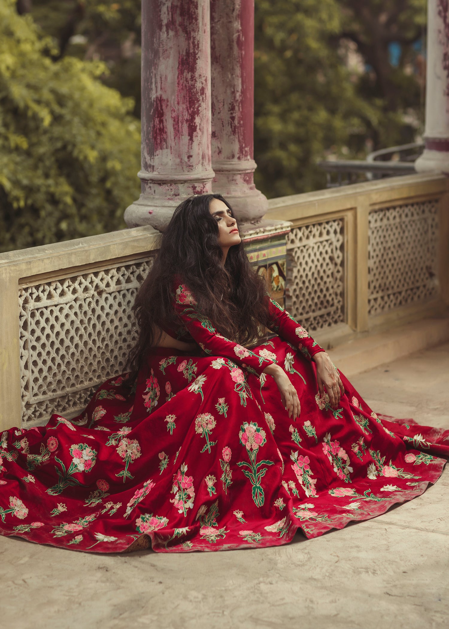 Pakistani Red Floral Embroidered Satin Raw Silk Gown (1-Pc) - Image 1