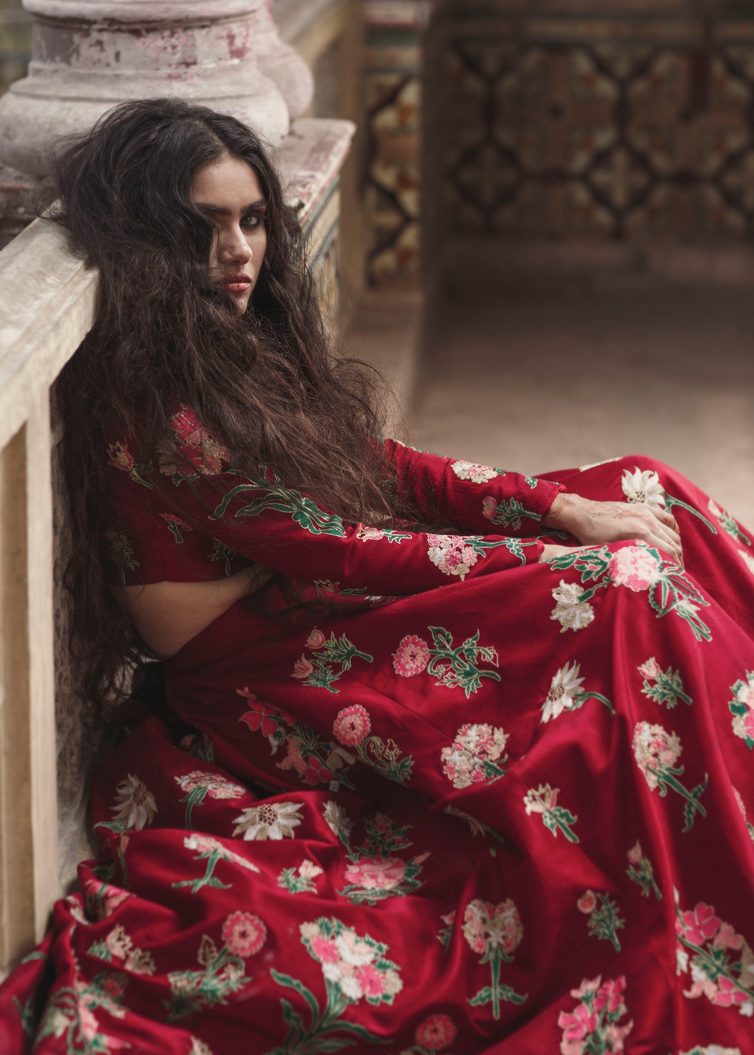 Pakistani Red Floral Embroidered Satin Raw Silk Gown (1-Pc) - Image 3