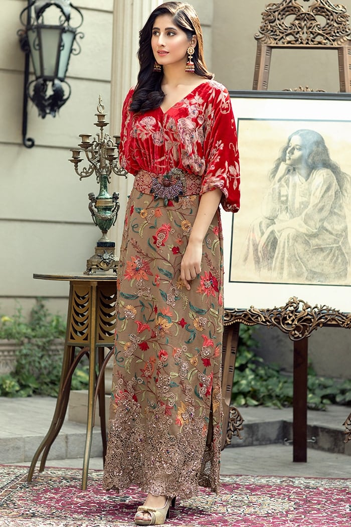 Pakistani Red Embroidered Velvet and Organza Gown (1-Pc) - Image 1