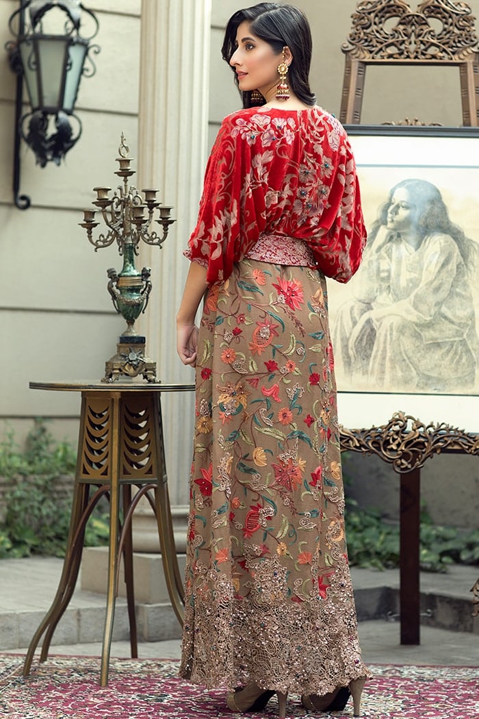 Pakistani Red Embroidered Velvet and Organza Gown (1-Pc) - Image 2