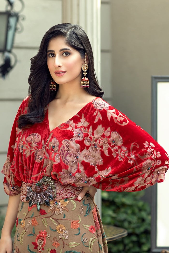 Pakistani Red Embroidered Velvet and Organza Gown (1-Pc) - Image 3