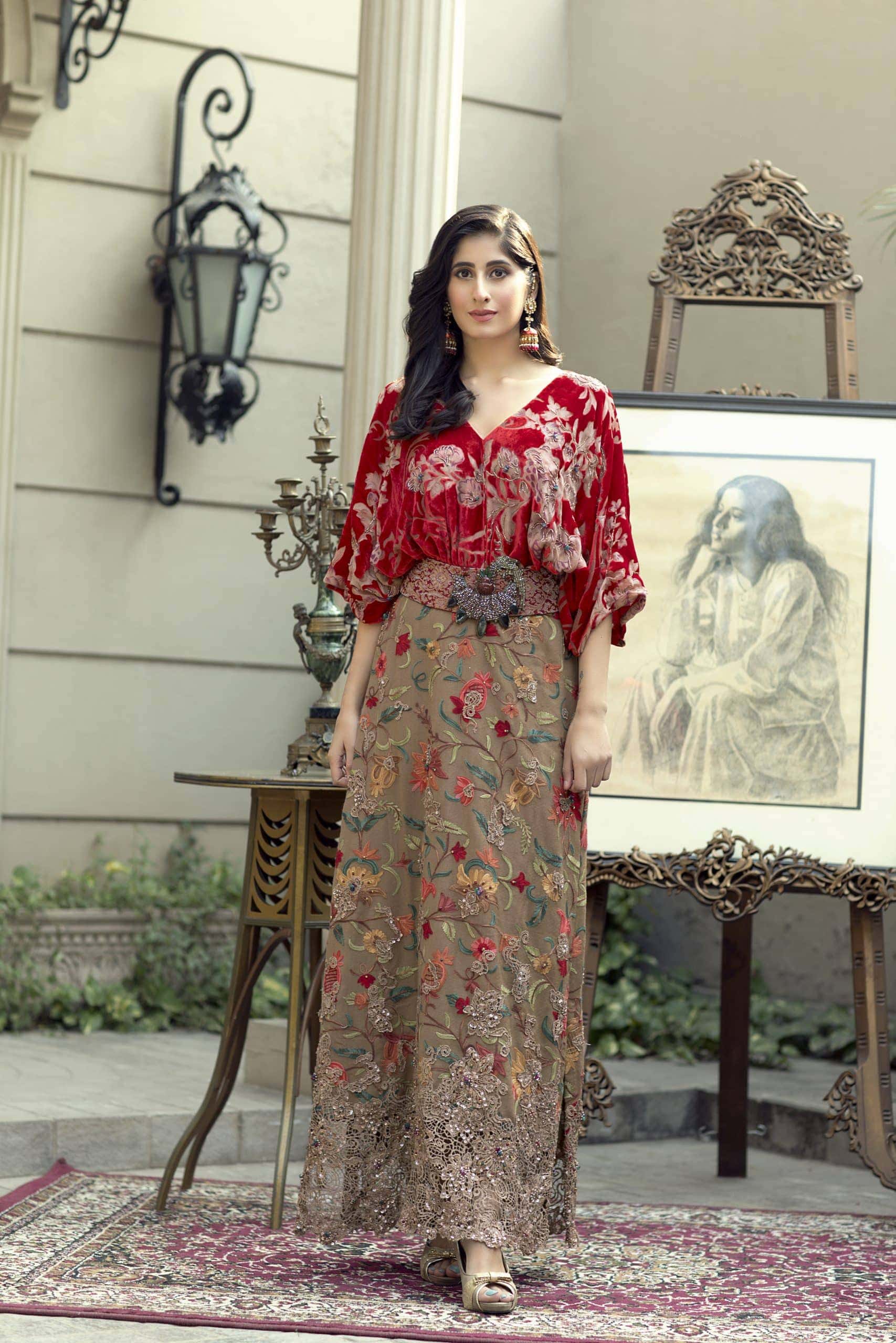 Pakistani Red Embroidered Velvet and Organza Gown (1-Pc) - Image 4