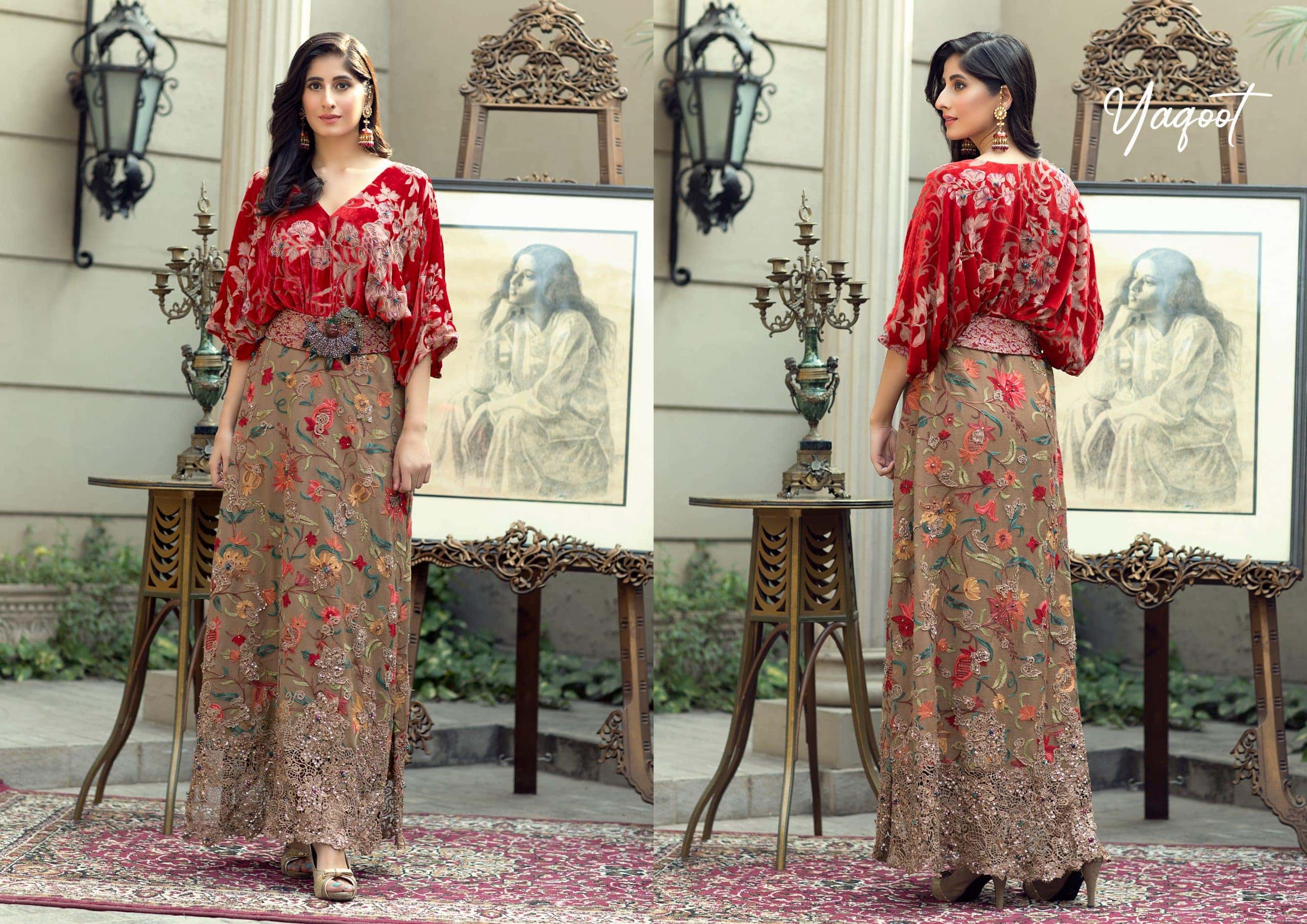 Pakistani Red Embroidered Velvet and Organza Gown (1-Pc) - Image 5