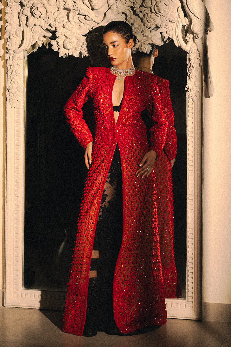 Red Beaded Net Jacket with Lace Bralette (3-Piece) - Image 1