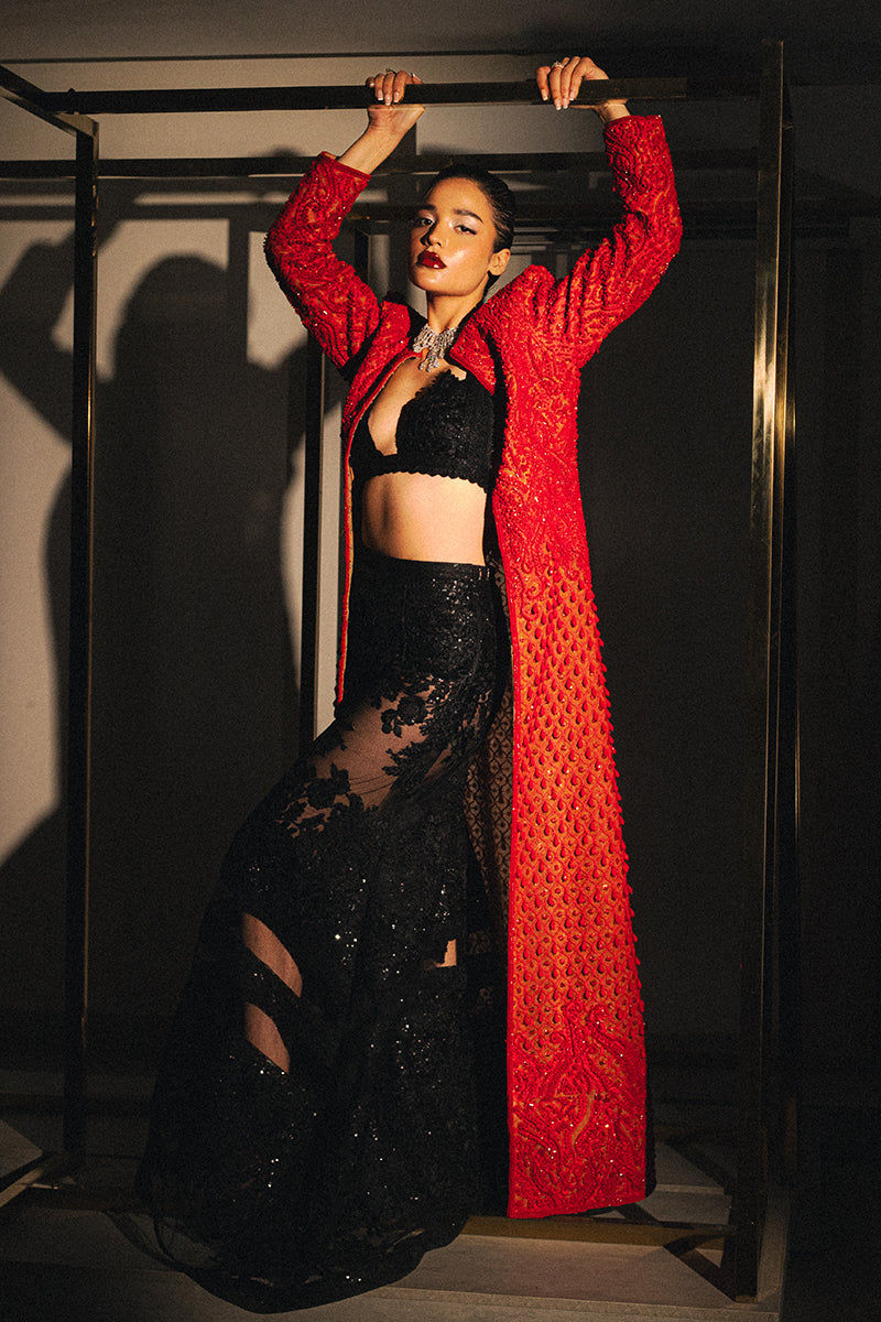 Red Beaded Net Jacket with Lace Bralette (3-Piece) - Image 2