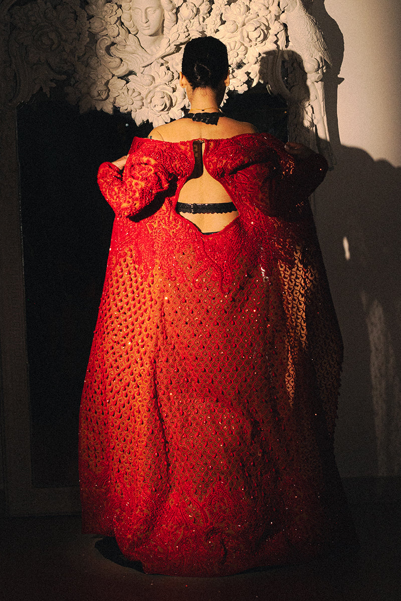 Red Beaded Net Jacket with Lace Bralette (3-Piece) - Image 3