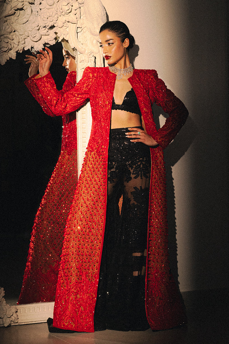 Red Beaded Net Jacket with Lace Bralette (3-Piece) - Image 4