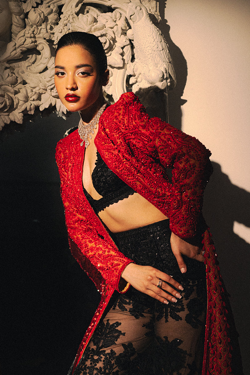 Red Beaded Net Jacket with Lace Bralette (3-Piece) - Image 5