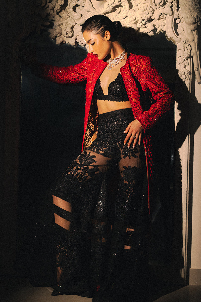 Red Beaded Net Jacket with Lace Bralette (3-Piece) - Image 6