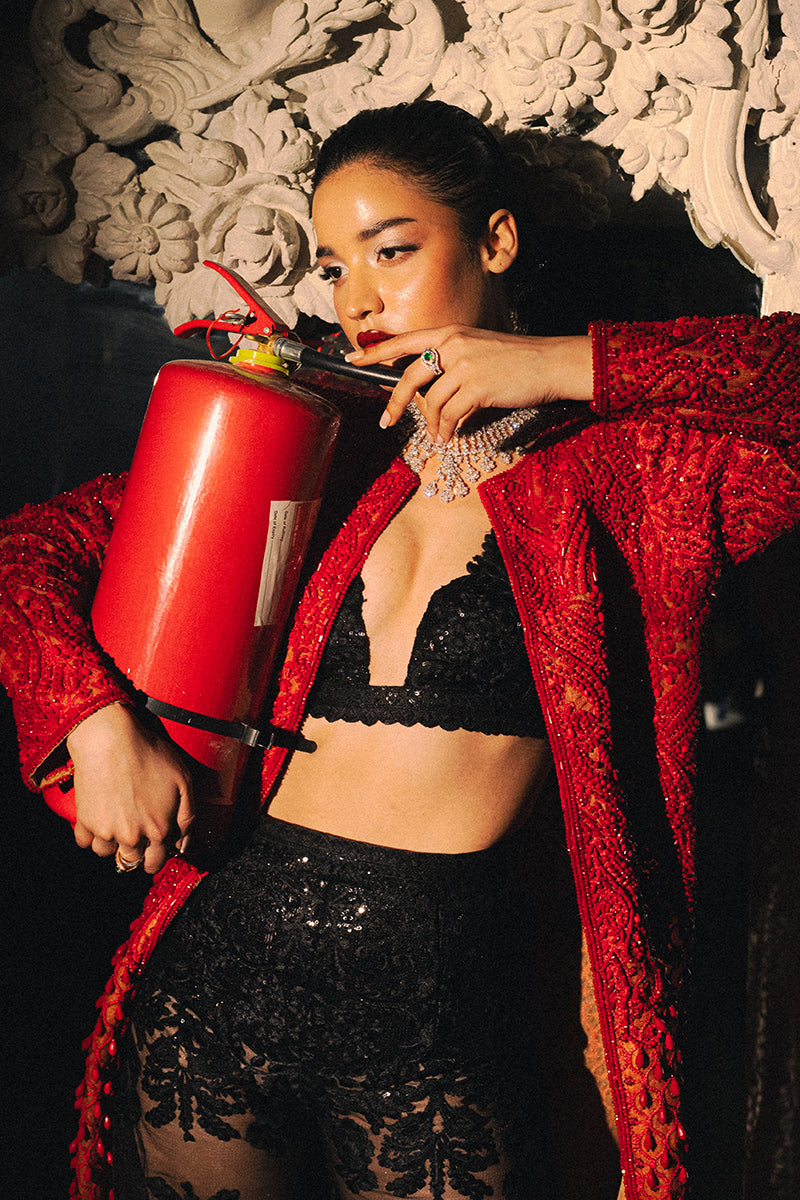 Red Beaded Net Jacket with Lace Bralette (3-Piece) - Image 7