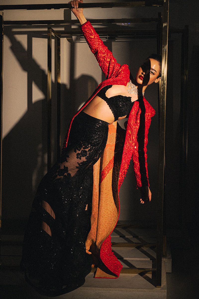 Red Beaded Net Jacket with Lace Bralette (3-Piece) - Image 8