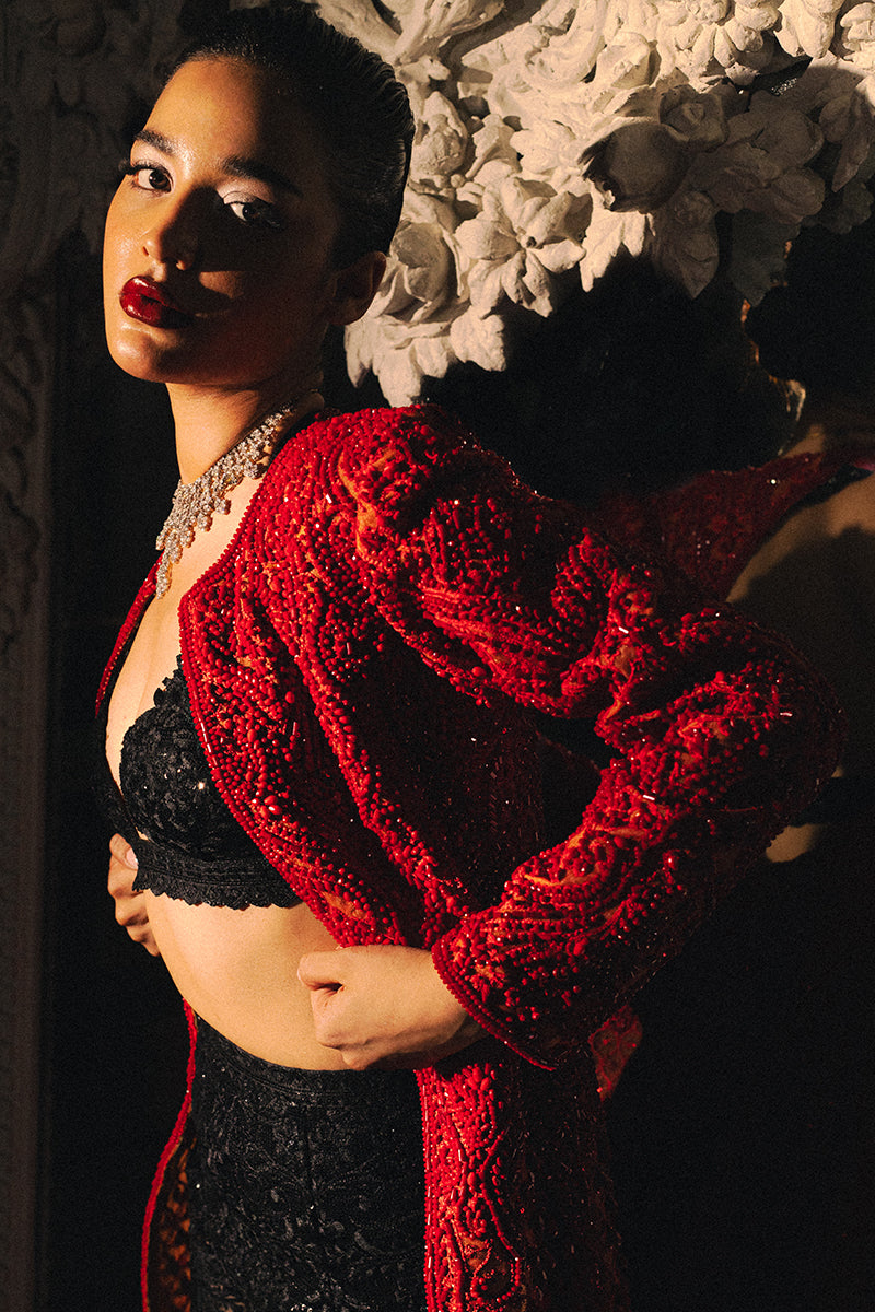 Red Beaded Net Jacket with Lace Bralette (3-Piece) - Image 9