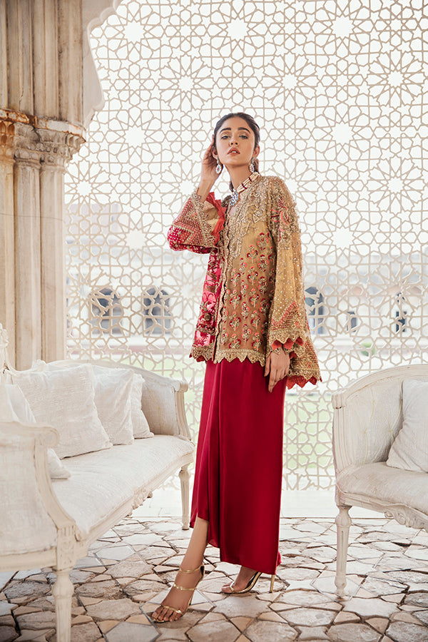 Red Gold Embroidered Net Organza Jacket (2-Piece) - Image 1