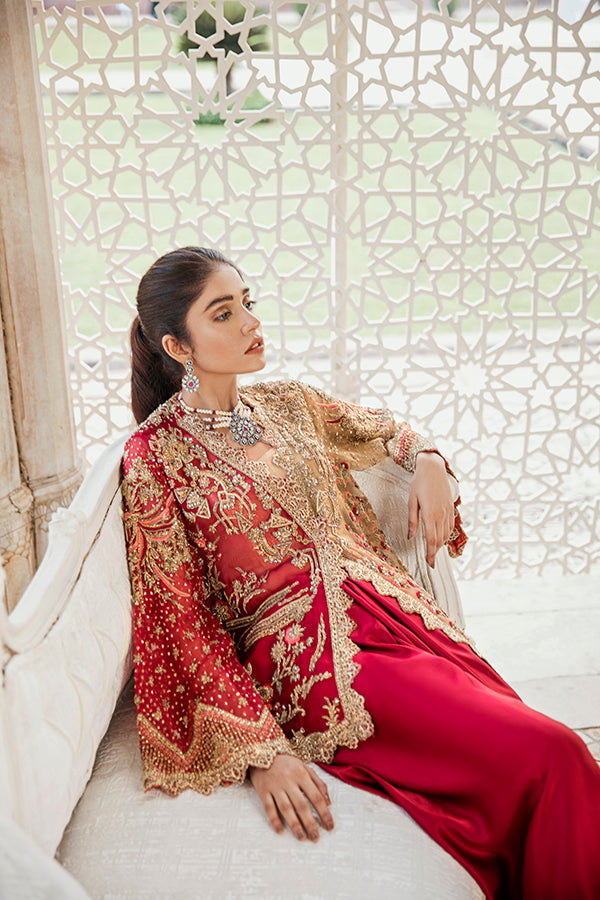 Red Gold Embroidered Net Organza Jacket (2-Piece) - Image 3