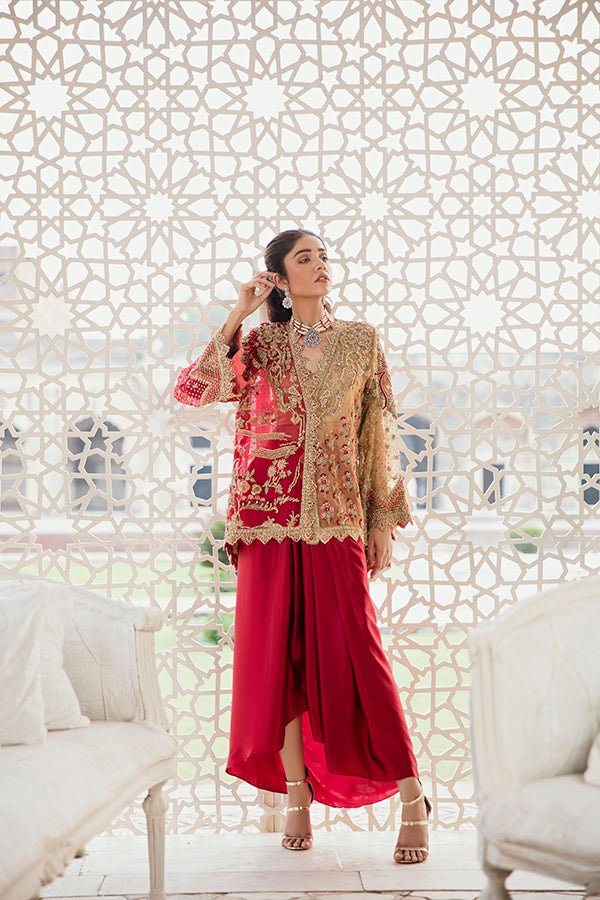 Red Gold Embroidered Net Organza Jacket (2-Piece) - Image 5