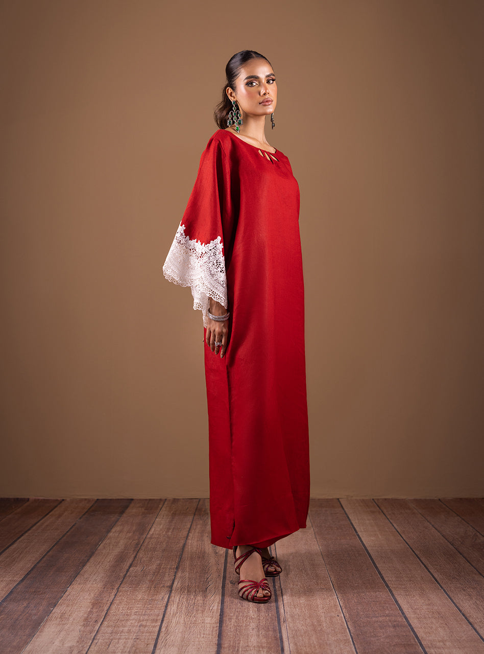 Pakistani Red Lace Irish Linen Kaftan (1-Pc) - Image 4