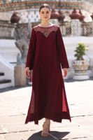 Pakistani Brick Red Embroidered Korean Raw Silk Kaftan (1-Pc) - Image 2