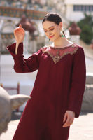 Pakistani Brick Red Embroidered Korean Raw Silk Kaftan (1-Pc) - Image 3