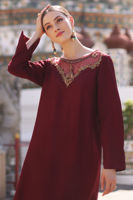Pakistani Brick Red Embroidered Korean Raw Silk Kaftan (1-Pc) - Image 5