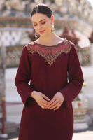 Pakistani Brick Red Embroidered Korean Raw Silk Kaftan (1-Pc) - Image 6