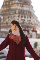 Pakistani Brick Red Embroidered Korean Raw Silk Kaftan (1-Pc) - Image 7