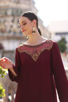 Pakistani Brick Red Embroidered Korean Raw Silk Kaftan (1-Pc) - Image 8