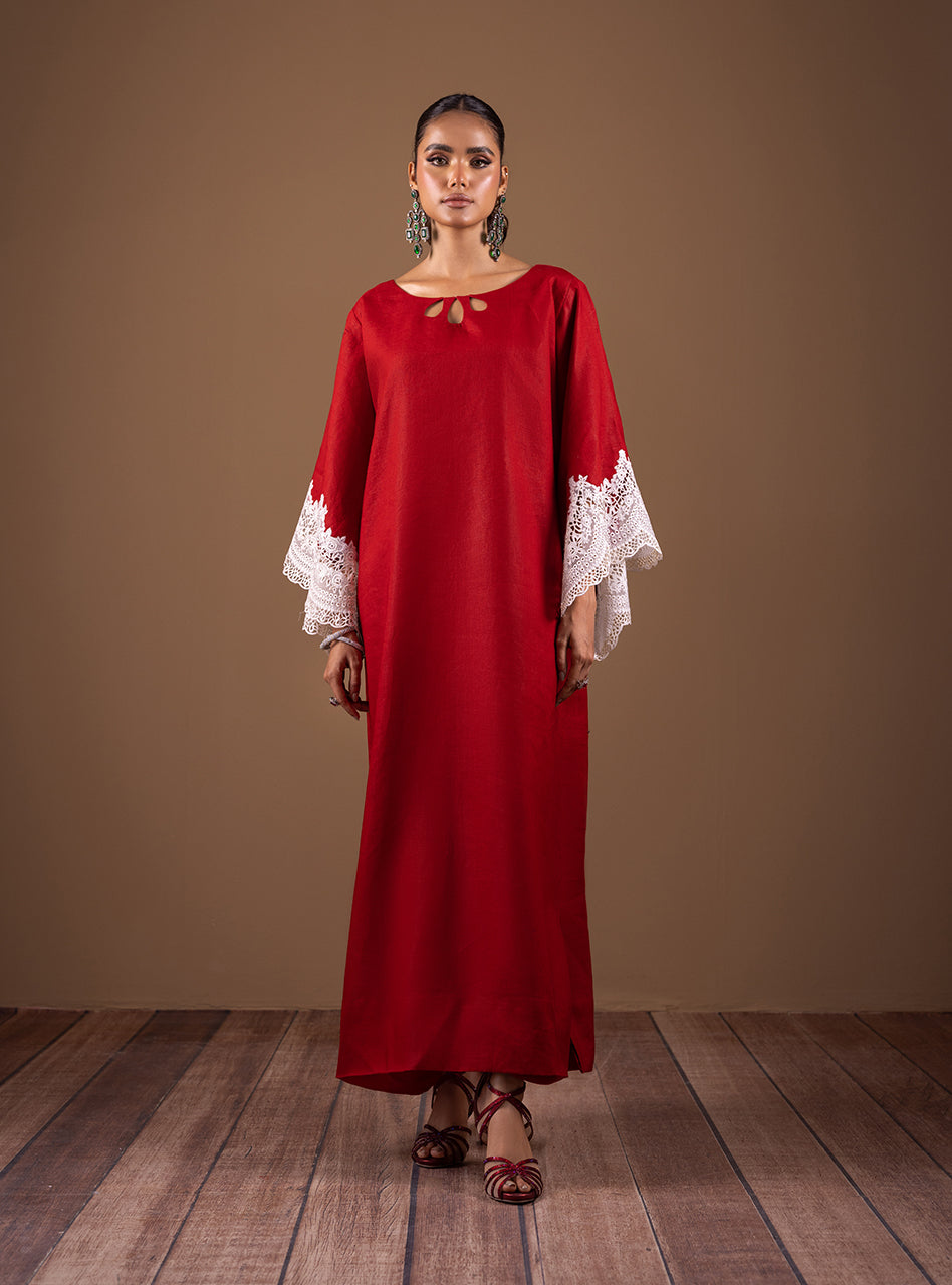 Pakistani Red Lace Linen Kaftan (1-Pc) - Image 1