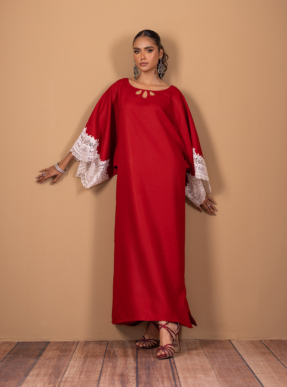 Pakistani Red Lace Linen Kaftan (1-Pc) - Image 2